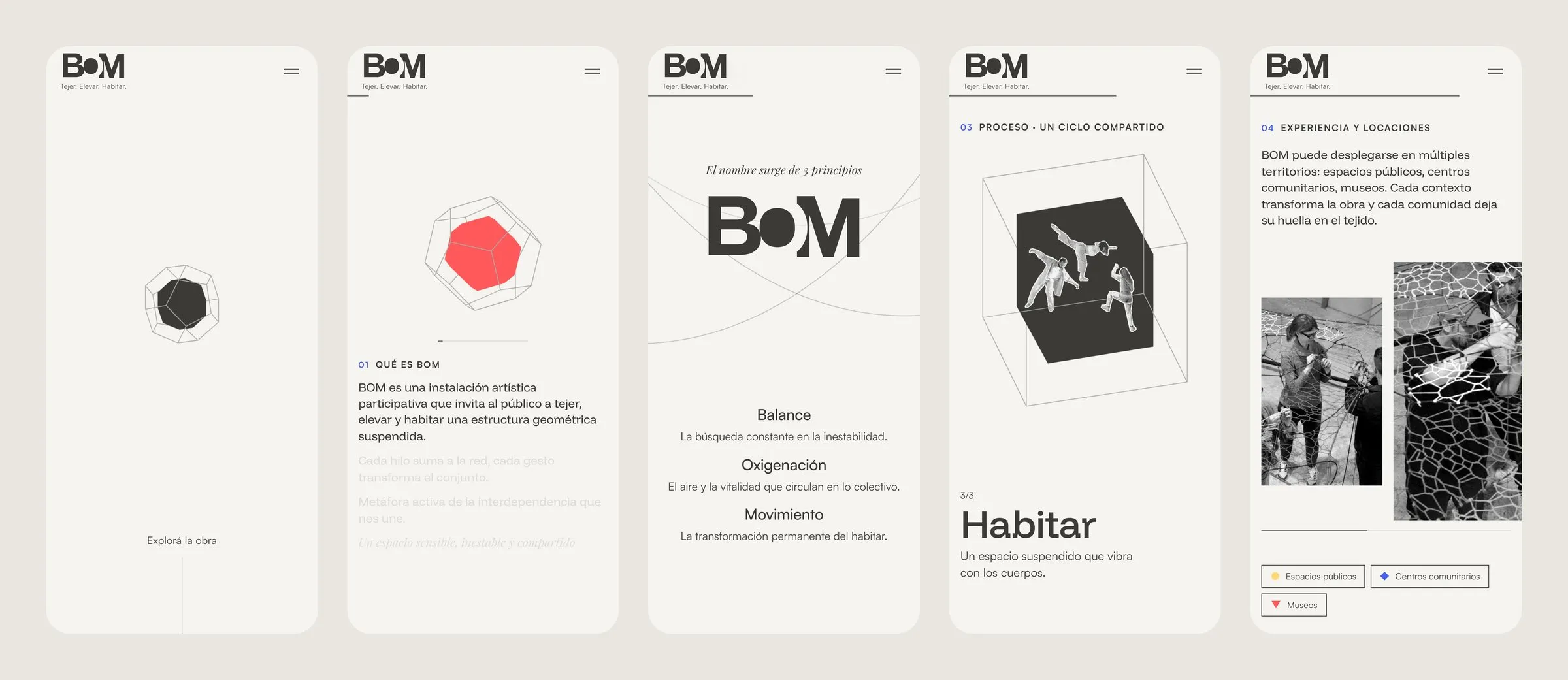 Cinco pantallas de la versión para celular
