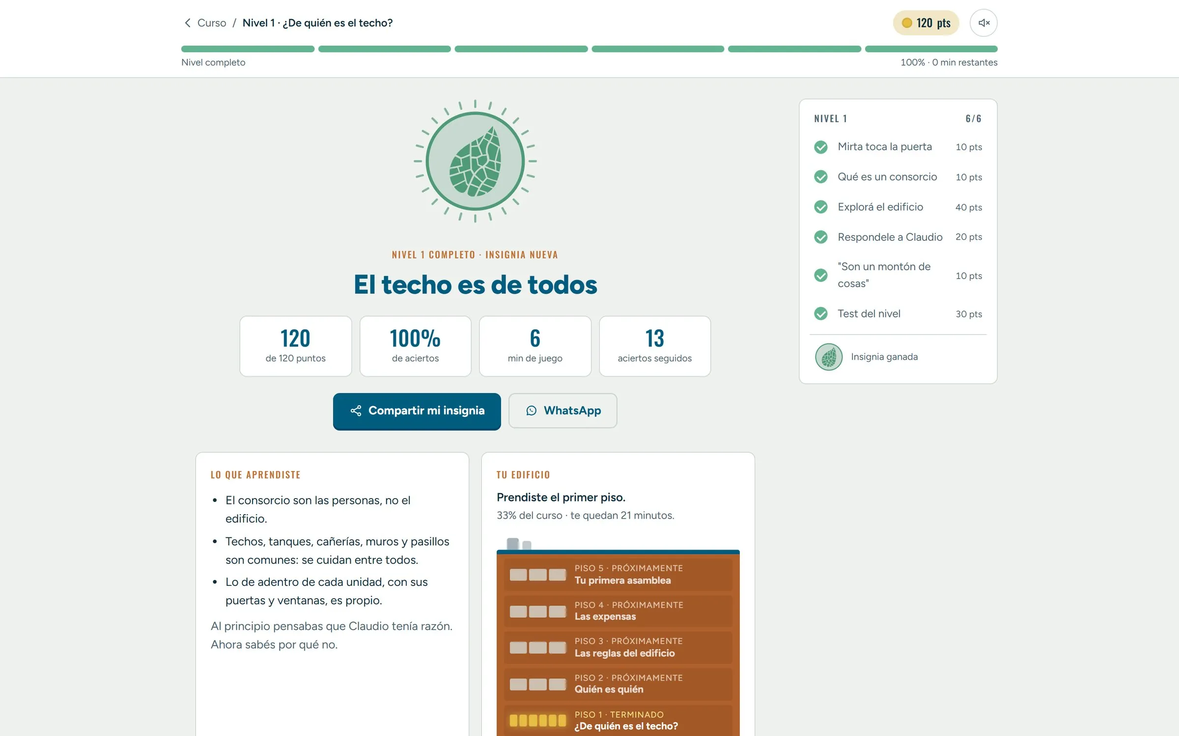 Cierre del nivel 1: insignia, puntos, aciertos y botón para compartir