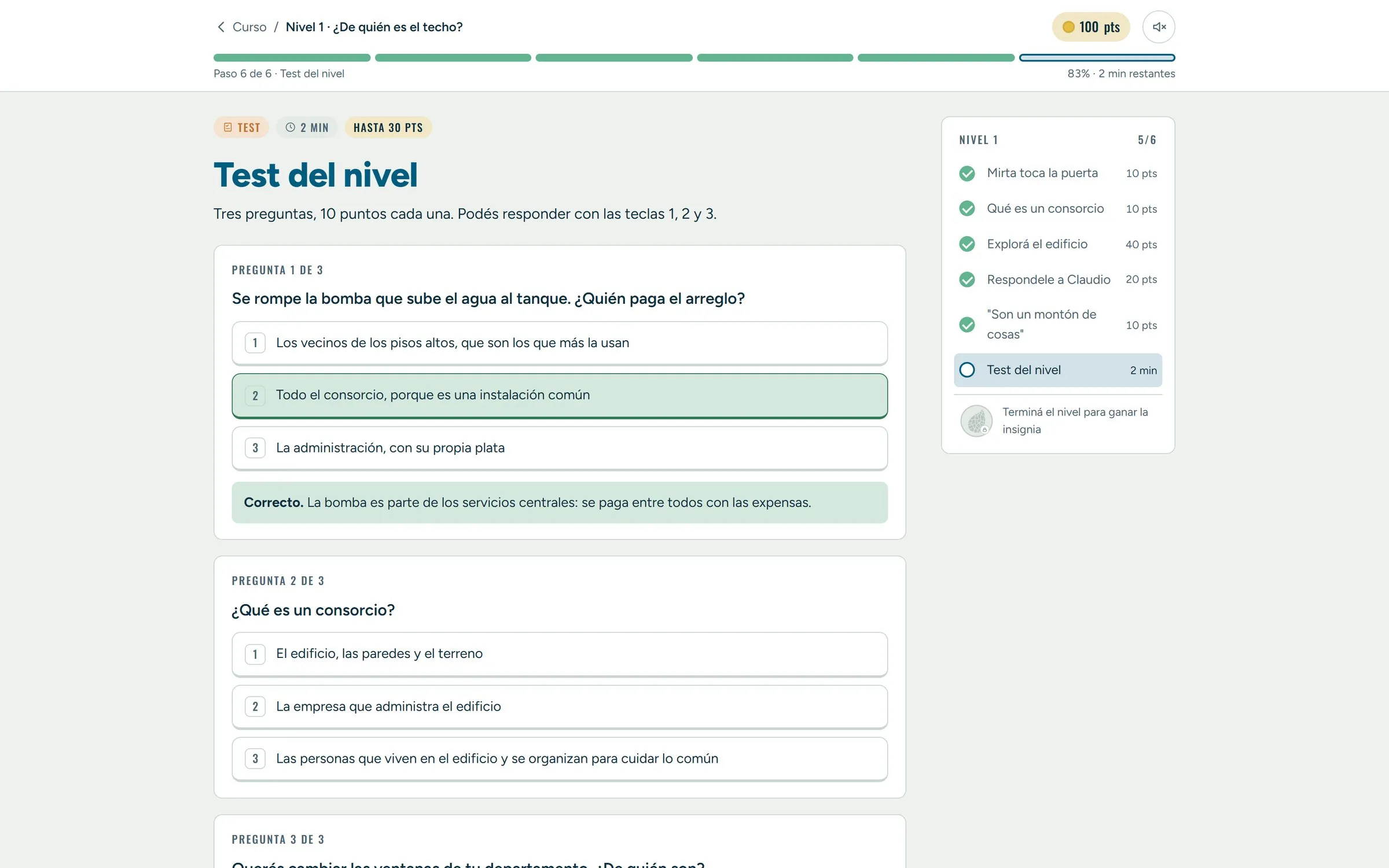 Test del nivel, con la respuesta correcta marcada